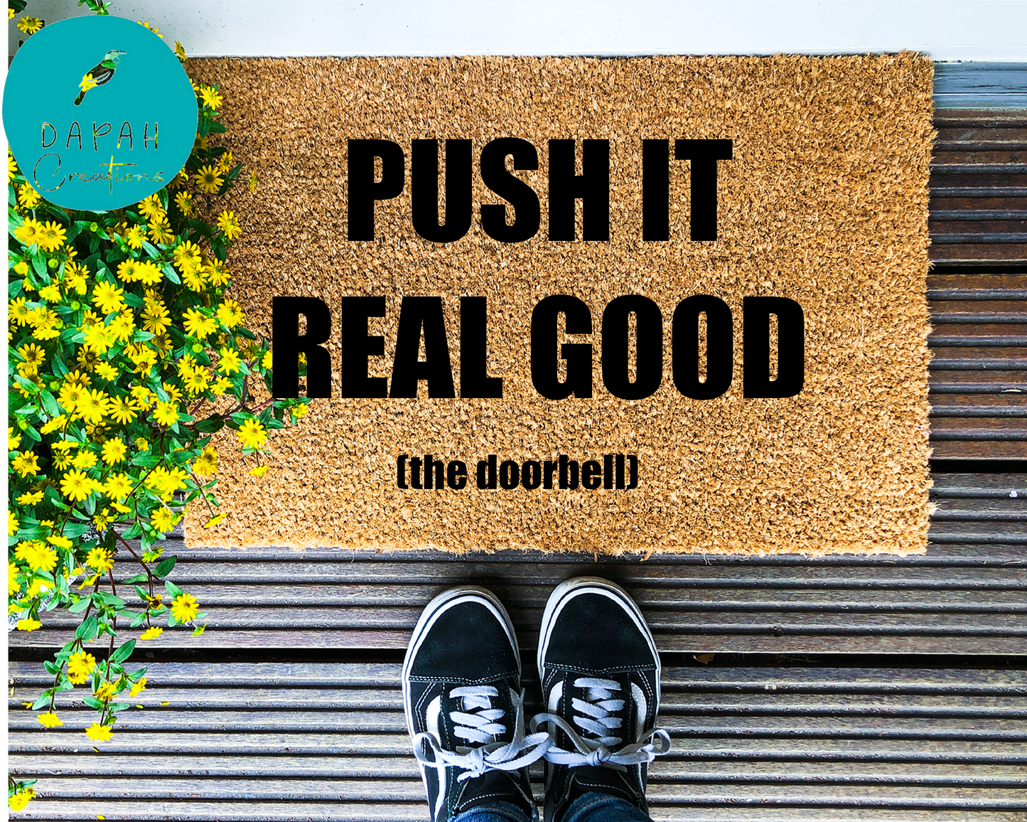 Pushing it Good.... the doorbell - Coir Doormat - DAPAH Creations