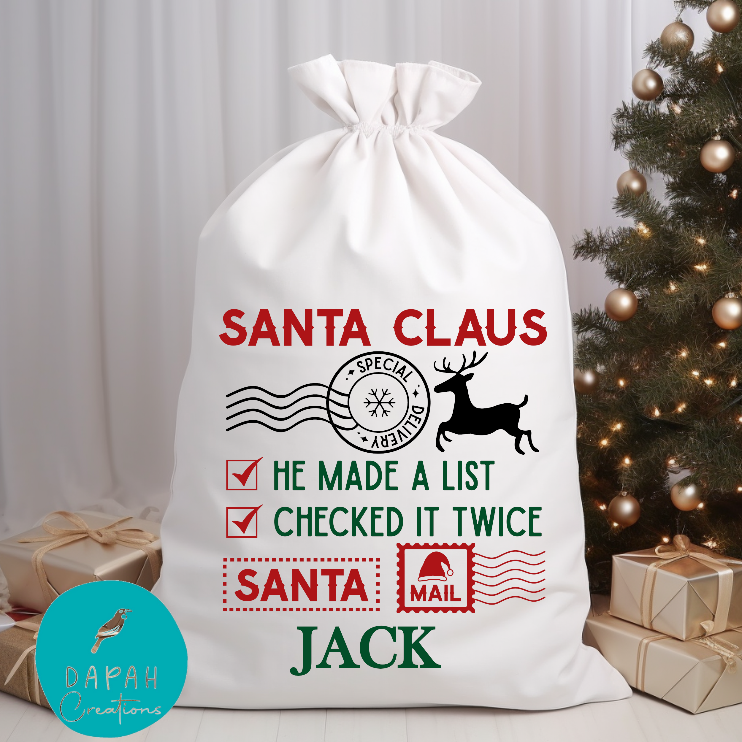 Santa Clause, He Made a List, He Checked it Twice Personalised Custom Santa Sack - DAPAH Creations