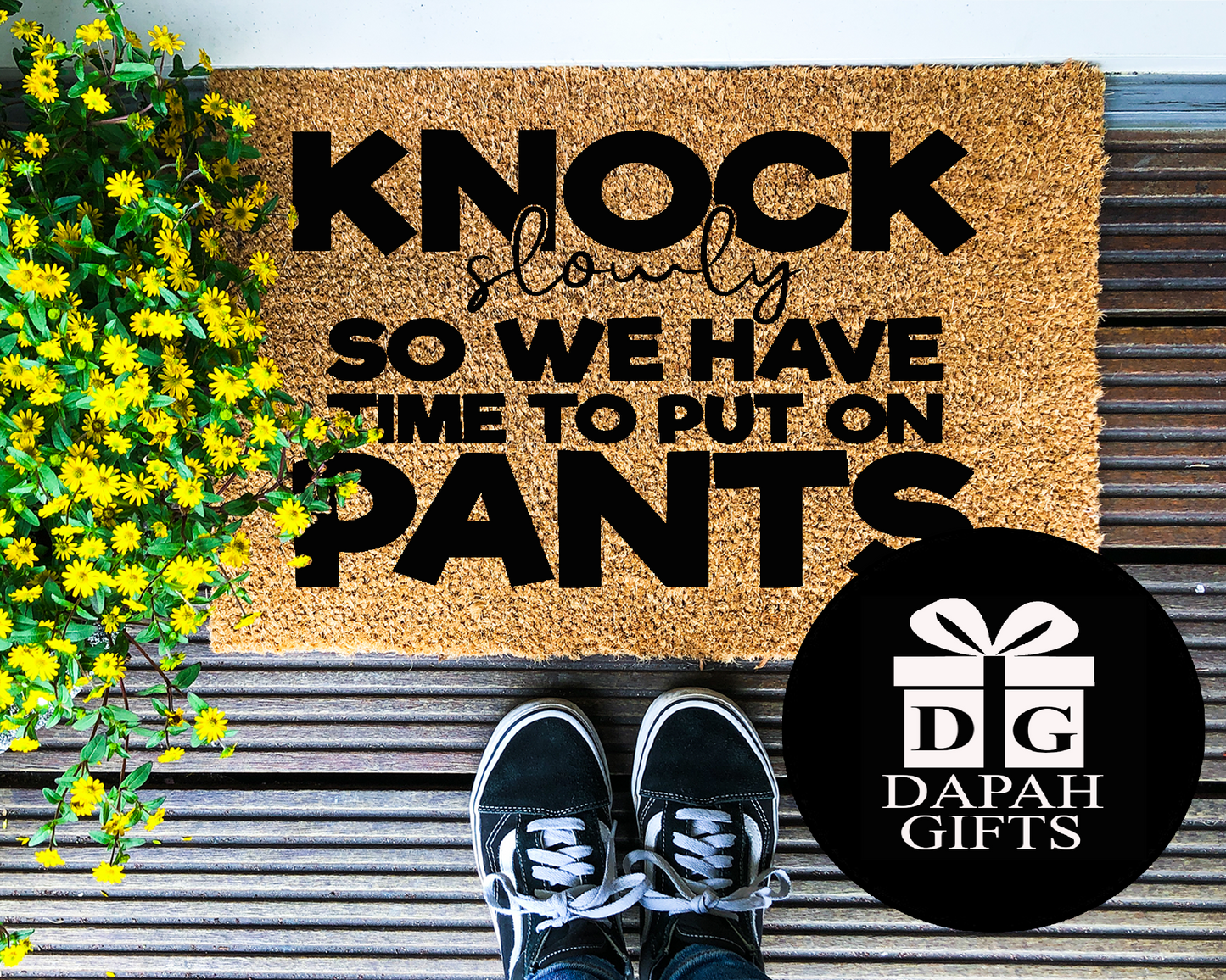 Knock slowly so we have time to put on pants - Coir Doormat - DAPAH Creations