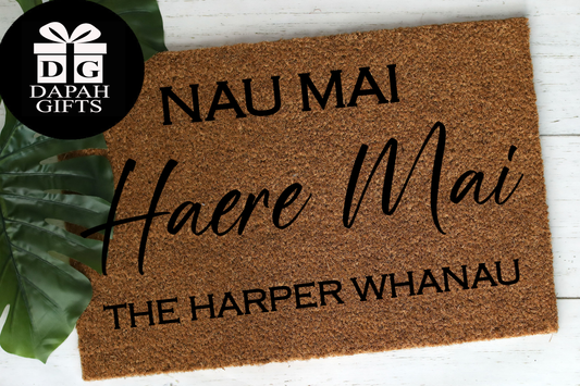 Nau Mai Haere Mai The [CUSTOM NAME] Whanau - Coir Doormat - DAPAH Creations