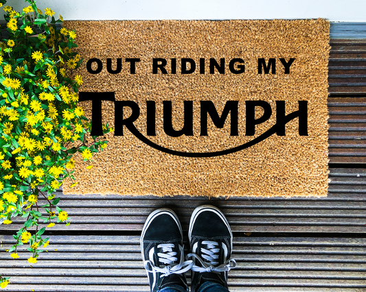 I'm out riding my Triumph - Coir Doormat