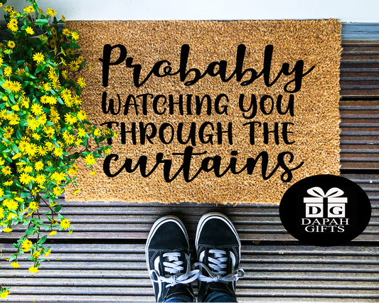 Probably watching you through the curtains - Coir Doormat - DAPAH Creations